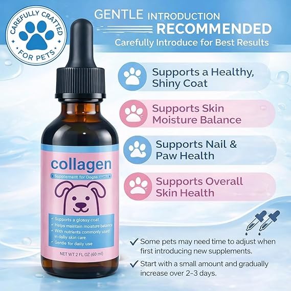 Liquid Collagen for Dogs & Cats – Grass-Fed Collagen Peptides with Biotin, Vitamin C & Hyaluronic Acid, Supports Skin & Coat Health